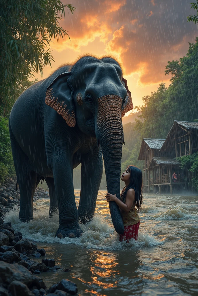 A serene yet tense scene unfolds in a dark, landslide-affected cardamom forest in Kerala at night. An elderly Kerala woman, drenched in rain and covered in mud, runs through the forest in a sari, clutching a two-year-old baby. Accompanied by her 30-year-old daughter, also in a traditional muddy sari, they spot an elephant in the distance and are visibly frightened. The scene is viewed from the front of the elephant and the back of the elderly woman, her daughter, and the baby (point of view), the rain cascading through the dense foliage, the moonlight barely piercing the thick canopy, casting eerie shadows on the wet, slippery ground, fear and determination in their eyes, the gentle rustling of leaves and distant rumble of the elephant adding to the suspense. Realistic photography style with Canon EOS R5, low light settings, ISO 3200, f/2.8, 1/30s exposure, capturing the raw emotion and tension of the moment. Negative prompt: bright colors, daytime, calm expressions, clear weather, dry clothes, no mud, no elephant, sharp shadows, studio lighting, posed figures, static scene, happy faces, urban background, clear sky, no rain, clean clothes, no foliage, sharp edges, cartoonish elements.
