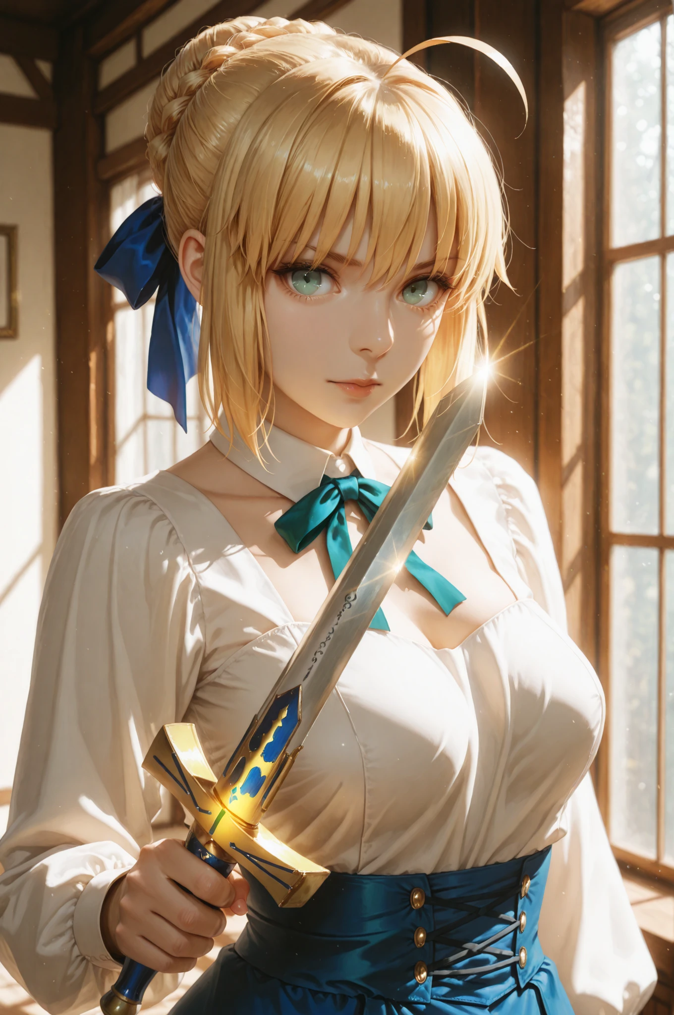 masterpiece, best quality, 2.5D, realistic, ,weapon, holding sword, 1girl, saber, fate_(series), 1girl, blonde_hair, green_eyes, tied hair