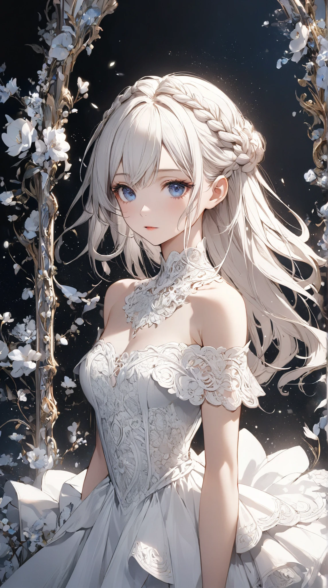 Empress, lily of the valley, ethereal forest girl, perfect anatomy, hanging jewels, pretty girl, amazing body, best proportions, european victorian red style dress, greek style, ancient goddess, (((((((white background))))))), ((((closeup face)))), looking at viewer, grey eyes, white long hair, blush