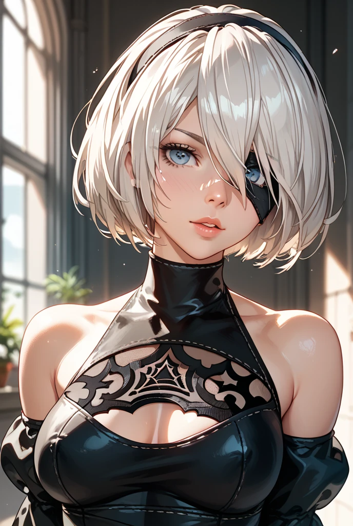 {(masterpiece,best quality, 16K portrait, UHD, extremely detailed the work, detailed beautiful face and eyes and skin and hair)}
BREAK {(ultra realistic photo graphic style:1.2)}
BREAK {solo,(2B of Nier-Automa:1.4), (lightbrown-lightwhite colored hair:1.4, short cut hair), (medium mouth),(narrow and sharp eyes),(attractive blue-glay eyes:1.4),(left-eye hidden by bangs:1.2),(slender body:1.2),(small breasts:1.4),captivating lips}
BREAK {(Nier-Automata-2B costume:1.2),(cleavage between breasts:1.2),(hairband)}
BREAK {profile,gravure-model pose:1.2}