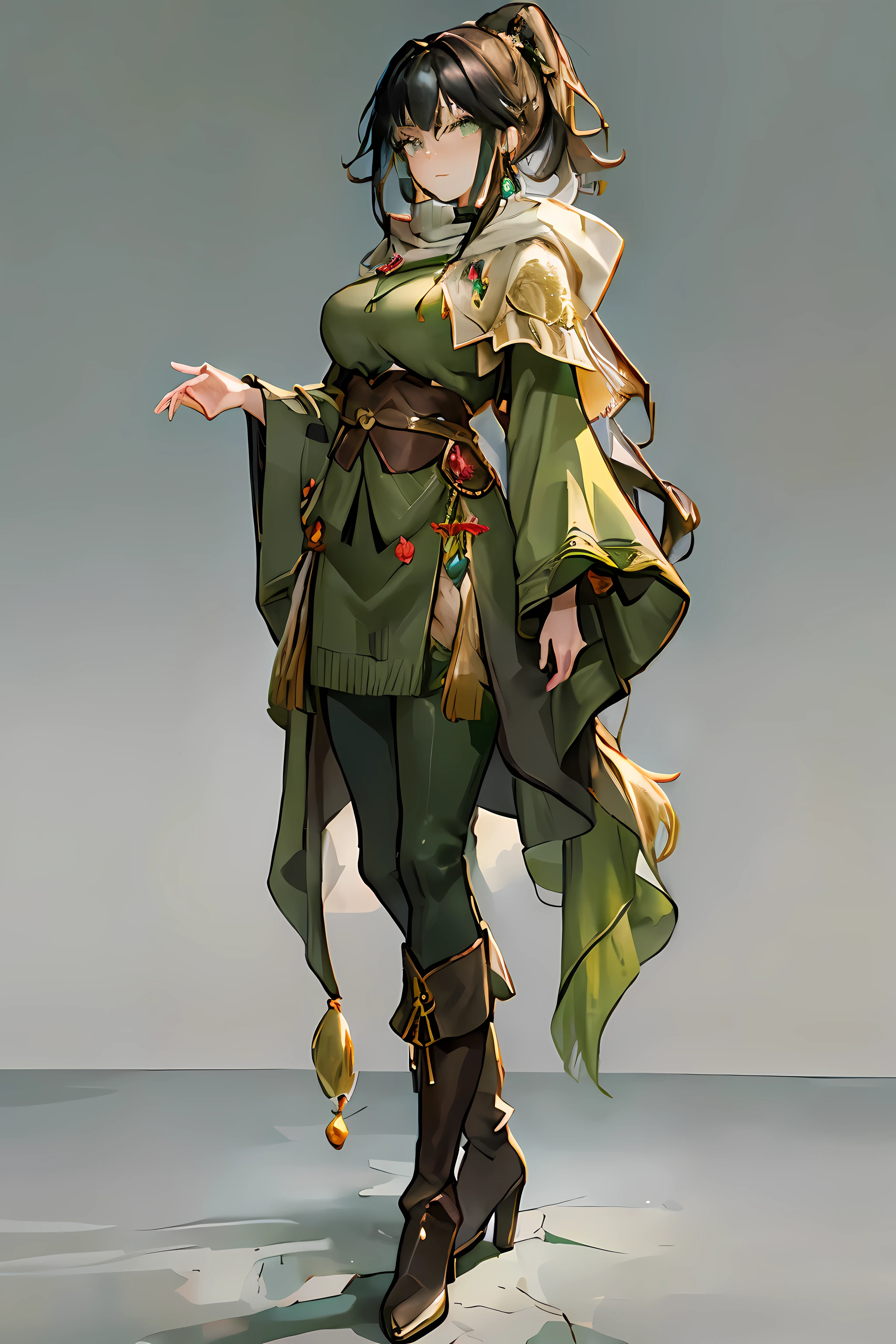 (( ultra-detailed, masterpiece, absurd, full-length)) full-length woman, detailed eyes, black hair, high ponytail, green eyes, fantasy green clothing, black trousers, knitted poncho, boots, talismans, knitted cape, hood, gold jewelry, plants, dark background