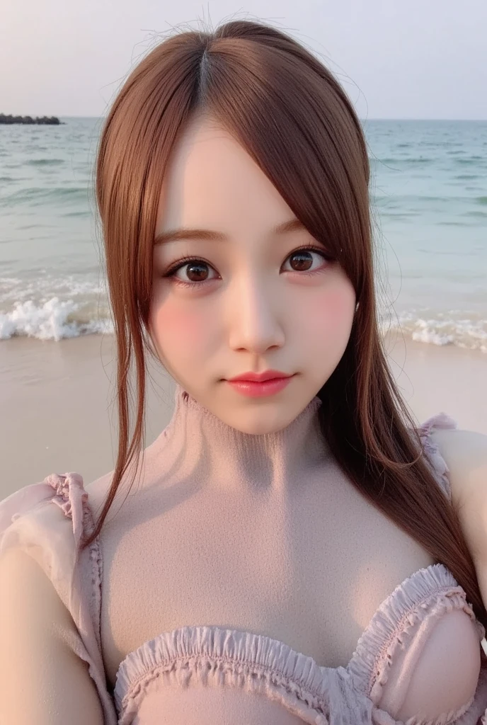 4K,top-quality,masutepiece,17-year-old woman、gals、Brown-skinned、skin tanned、sunburned、a blond、Looking at the camera、Beach、Kogal、be shy、middlebreasts、swim wears、lie down on her back、Semi-long hair、独奏、girl with、a smile