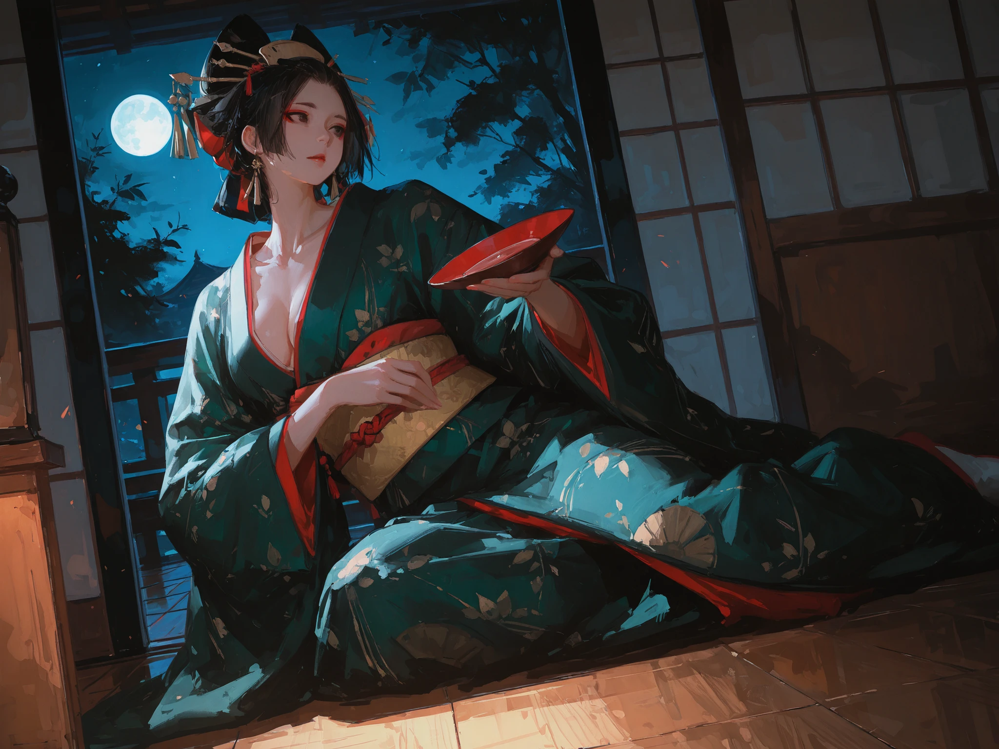 Draw even the texture of Japanese paper、Black and white woodblock prints in ink。Early Showa period、25 years old women、Wearing a patterned yukata、Women with strong self-esteem、You can also see the bamboo pole。Night streets in Kyoto、high-level image quality、Best texture、