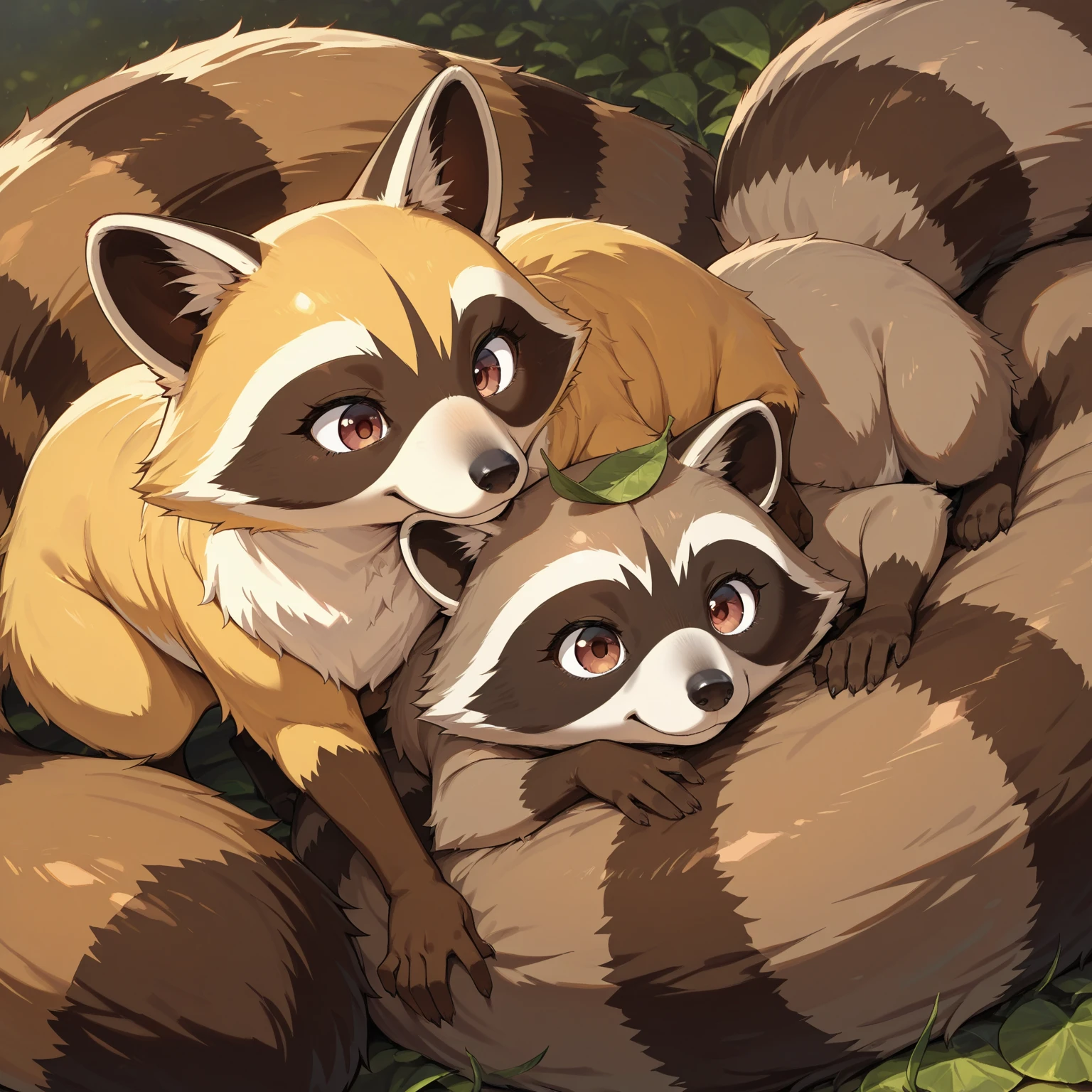 ((Best Quality)),( super high definition),(Super detailed),( detailed description ),((The best CG)),(masterpiece), 2animals, There are two different animals, one is a raccoon and the other is a fox,in animal form:1), (raccoon and fox are best couples ,the fox is very cute,the fox has yellow fur.