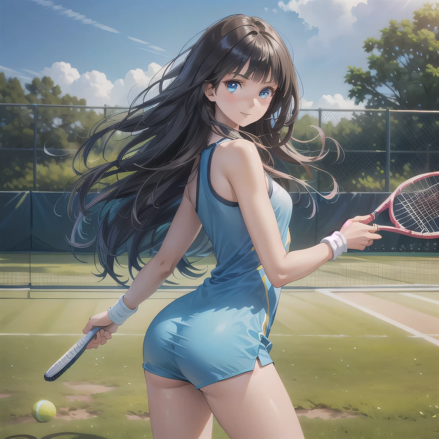 sksbrooke person, sksbrooke, (masterpiece:1.2), (best quality:1.2), perfect eyes, perfect face, 1girl, solo, brown eyes, (medium breasts), perky breasts, blue and black tennis uniform and shirt, tennis court background, smiling, behind the net