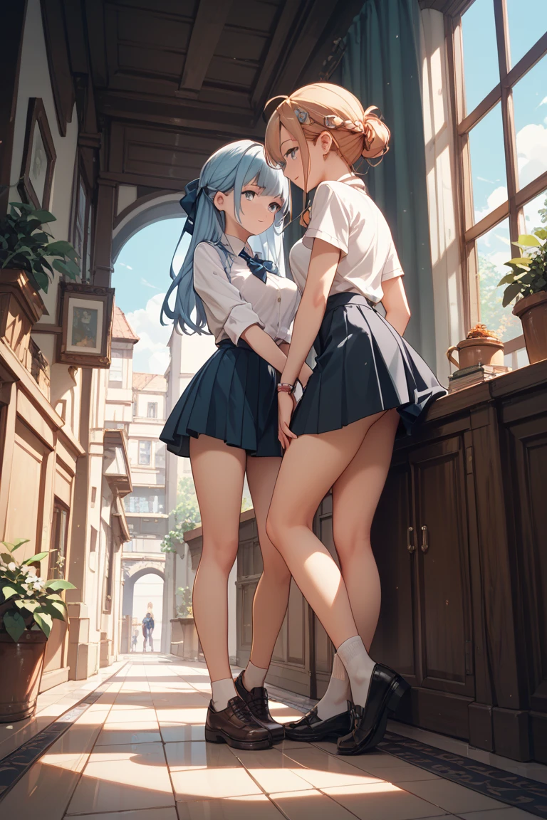 Two women are climbing the stairs side by side, wearing navy blue sailor suits., by 2 person, beautiful little ass, skirt, panties, underwear, (shiny light blue satin panties:1.3)、(shiny light pink satin panties:1.3)、横紐レースpanties that cover the butt、Liar, Thighhighs,garter belt, skirtがめくれている , think back, realistic,Angle from the back, Two-dimensional beautiful girl