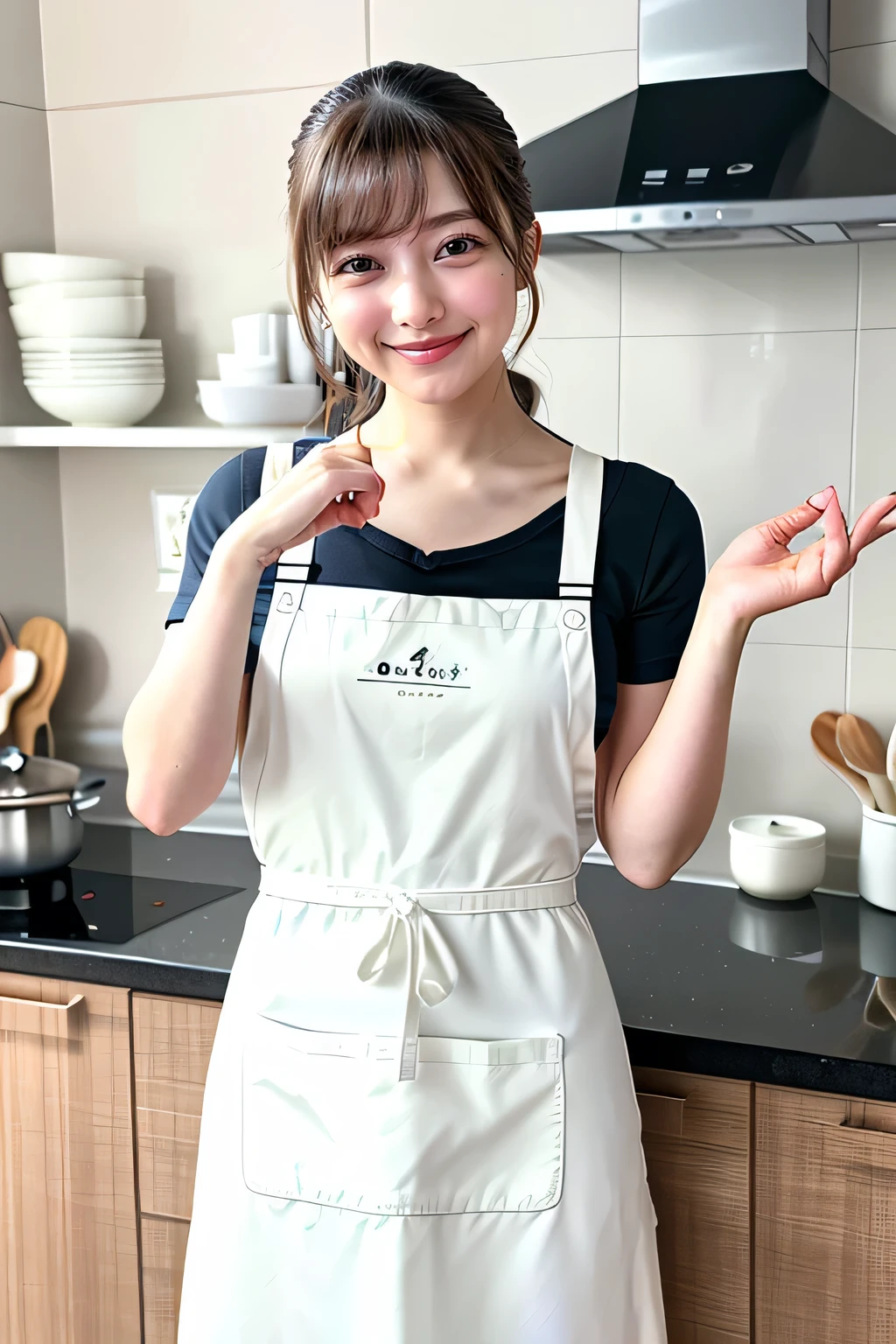 (top quality、Table Top、8k、best image quality、winning work)、1. Cute girls、( completely naked and wearing only a white apron:1.1)、( perfect pure white apron :1.1)、 perfect portrait photo 、Beautiful skin、brown hair、(Highlight Your Body Line:1.standing gracefully、()、cute smile、( Blurry elegant kitchen background :1.1)
