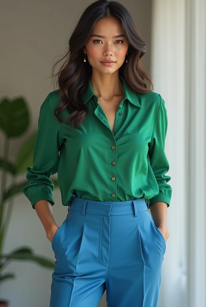 Falda larga hasta los pies de color verde y una camisa corta con cuello verde