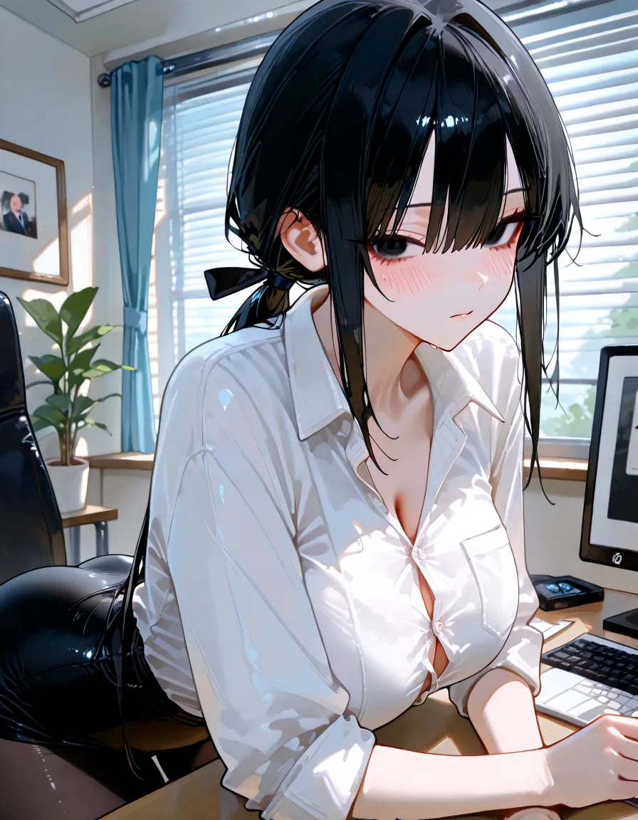 (masterpiece、top-quality、hight resolution、Unity 8k Wallpaper、extremely details CG:1), In a very small, dimly lit room about the size of a private room in an Internet cafe, a young girl is masturbating while intently watching the TV screen. The room is very small and has only a chair and a TV. The girl is completely absorbed in the adult video, her eyes wide open and breathing roughly, fascinated. It is as if she is seeing something incredible for the first time. The scene is painted from the side, showing her sitting on the edge of the chair, leaning slightly forward and concentrating on the screen in profile. Her expression is one of pure engrossment, completely unaware of her surroundings. Her sexual pleasure rises with her first adult video. nsfw, ((blushing, steam, female masturbation, breast grab, from side))