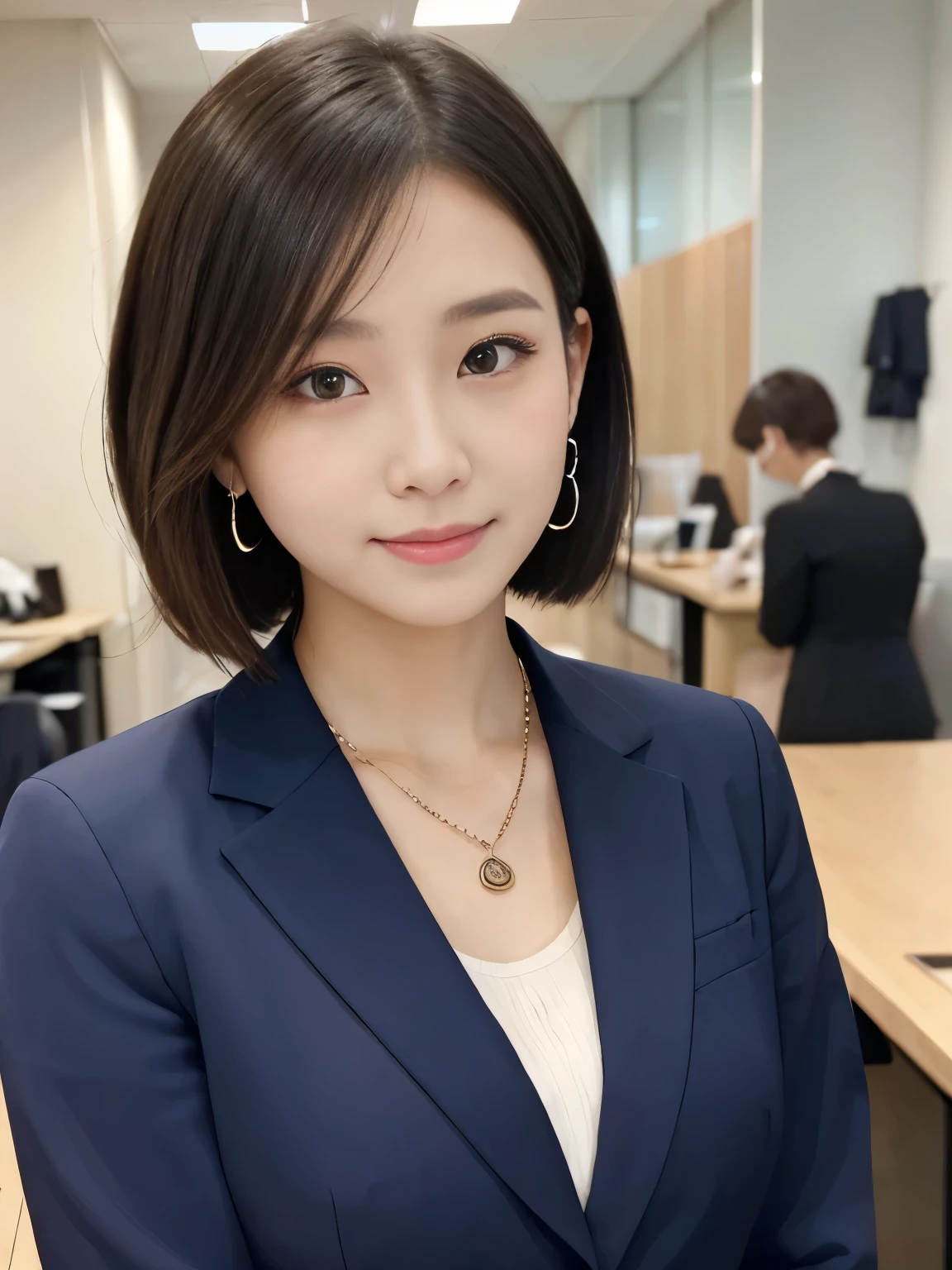 Highest quality:1.2), RAW Photos, High resolution, Very detailed, Intricate details, short hair、ear piercing、smile、Black Hair, (Front view, ), Clear beauty, Standing in office room, Upper Body, (High quality fabric, Office Lady Suit Fine Grain, 首にネックレス、 face, indoor,
