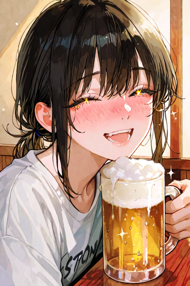 masterpiece, best quality, very aesthetic, absurdres, newest, 1girl, solo, short hair, indoors, brown hair, shirt, sitting, pants, cup, saliva, bottle, drooling, alcohol, blue pants, drunk, orange shirt, beer