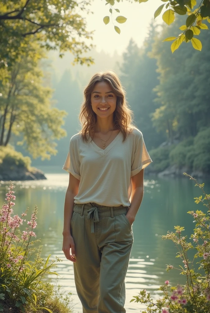 1 girl, photorealistic, realistic, her name is Elise, middle age, a 45-year-old woman with gray hair, body of 45-year-old woman, wrinkles on her face and body, Alpine woman, ((dark brown hair, short hair))), smiling,(((dynamic pose))), (((tight-fitting t-shirt.,Stylish denim shorts,The quiet mountains are shrouded in a sea of mist.,Stunning sunrise casting warm hues,Beautiful flowers bloomed in front of us.,The atmosphere is dreamy and peaceful.,Beautiful landscape of Thailand,Harmony between nature and humanity)))