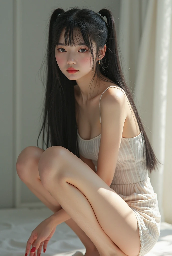傑作 Highest quality 高解像度、8k, Very detailed, Accurate, Highest quality、All black body paint)、One Girl, (beautiful girl, Delicate girl:1.3), (14 years old:1.3), break, Long Hair, Sit with your knees bent、eight-headed body、Beautiful feet 、On campus、As if looking up from below、Embarrassing