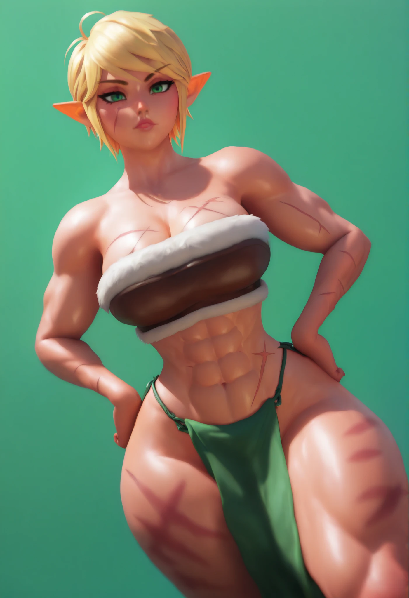 masterpiece,best quality,newest,absurdres,highres,very awa, masterpiece,best quality,amazing quality,highres,absurdres,very_awa, cowboy shot, large breasts, blunt hair, ((curvy)), (medium breasts)), narrow waist, (((wide hips))), ((thick thighs)), masterpiece, best quality, newest, absurdres, highres, detailed eyes, beautiful, detailed background, perfect eyes, 3d, 3dcg, realistic, (((elven))), 1girl, short hair, blonde hair, elven ears,pointy ears, green eyes, dutch angle, side view, muscular female, athletic body, bandeau, leather bondeau, loincloth, fur loincloth, fur bandeau, brown loincloth, muscular body, tomboy, sidecut hairstyle, elf, elf girl, hands on hips, looking at the viewer, scar marks on body, scar marks
