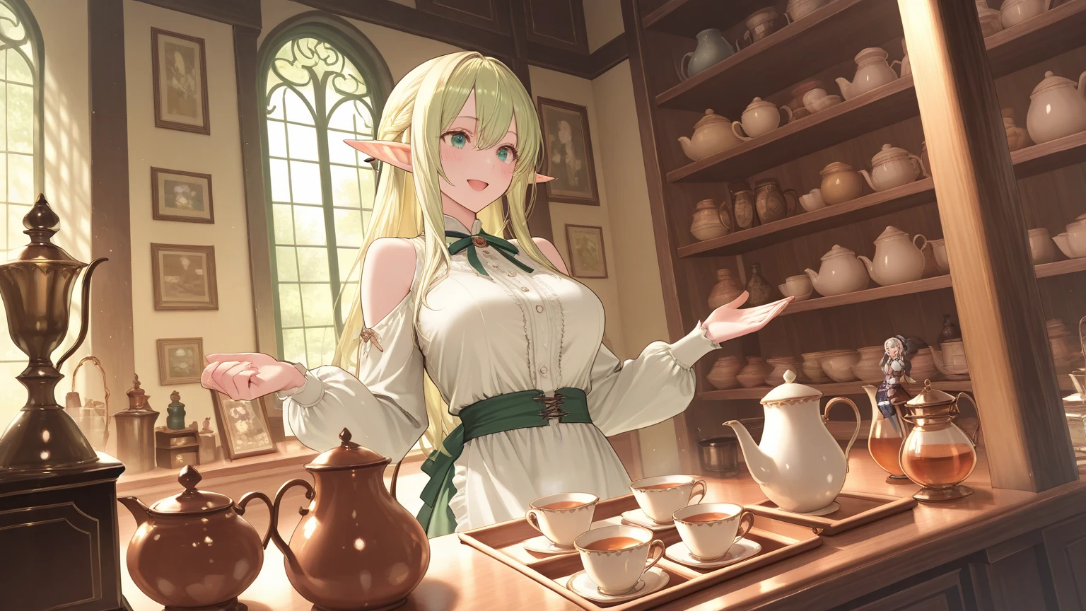 (((I want a solitary Elf Woman, Long white hair, Serene green eyes, brown skin, mature body with full breasts and slim waist, wearing a beautiful dress, sitting on a chair in front of a dining table))),(((Alone)))