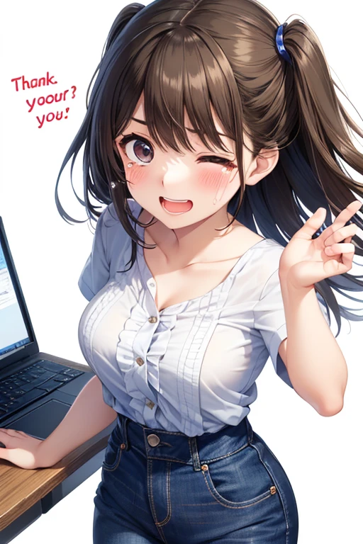 frame in, from right in front of face and body, view straight on, upper body, High quality, very high res, High quality, very high res, cute girl, brown hair, forehead, blunt bangs, bob cut, blush, Brushed up bangs, (wearing a plain t-shirt), upright, pleated skirt, work desk, sitting in a work chair, (She lets the photographer fondle her breasts), smile, at office