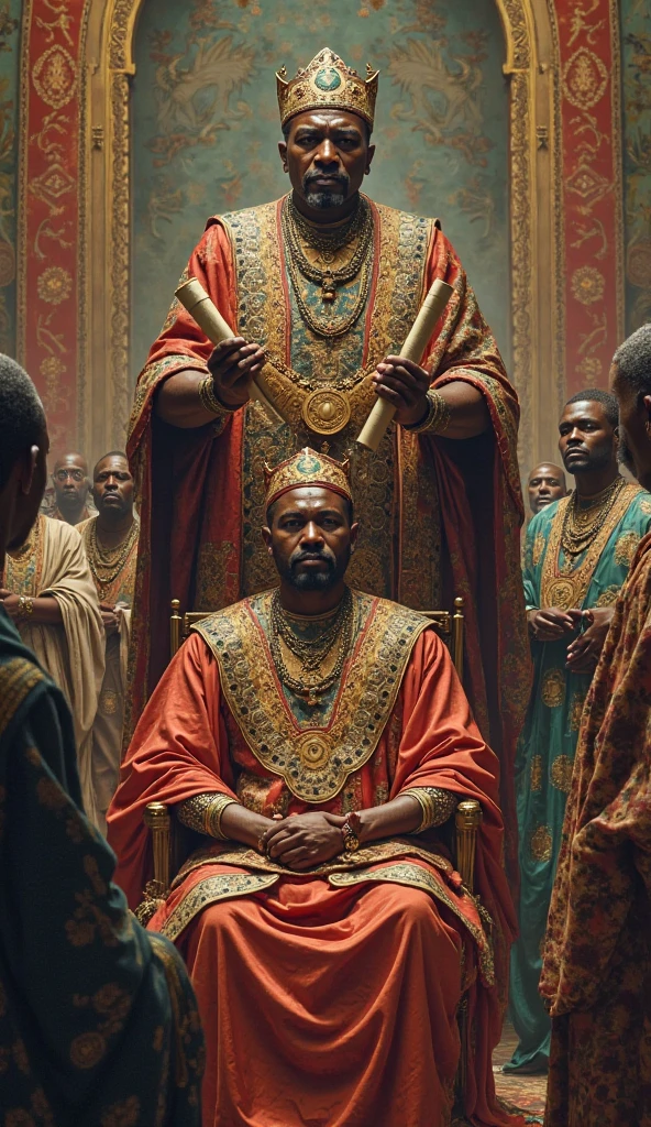 An African guard bowing down to the king