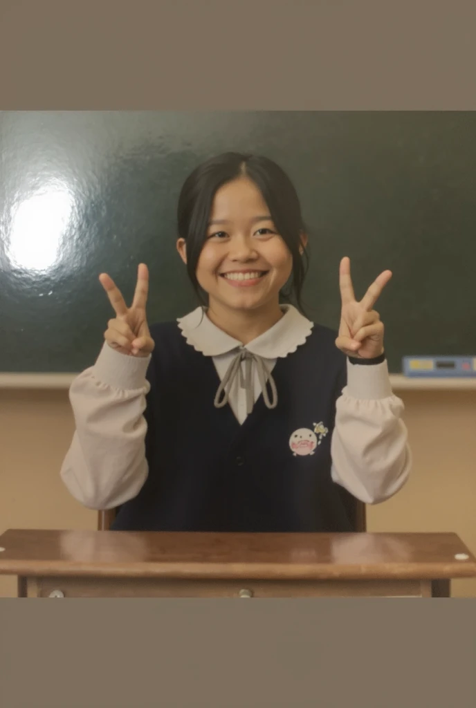8 years old, round head and slightly smaller eyes, (very detailed face: 1.4) (chest: 0.3) (masterpiece, highest quality: 1.2), surrealist elementary school student, smile, laughter, black hair, outfocusing deleted, small breasts, little girl sitting on a chair writing in a notebook on a desk, face bright with lights, 10-year-old korean girl, student, overall subject shown in photo, young and cute girl, in classroom, portrait of female elementary school student, young and lovely korean face,  Female student studying, child, beginner, sitting in classroom, young lovely korean face, cute young woman, portrait of korean female idol, just change face, ultra real detail, RAW photo, top quality, (realism: 1.2), hand finger length ultra detail, DSLR, background super high resolution quality, finger super high definition, 5 fingers, A cup full body photo, full body shot, professional color rating, physics-based rendering, high resolution, front,  f 4, 50mm, concept art, overhead angle by Will-o'-the-wisp, funny Somali emerald deep black pinafore, hair styled with short hair, Appearance 360, Highless, [(Art by Willie Baumeister:1.1), (Art by John T. Bigger:1.2)::17], Official Art, Unity 8K wallpapers, Ultra detail, Aesthetics, Masterpiece, Best Quality, Realistic