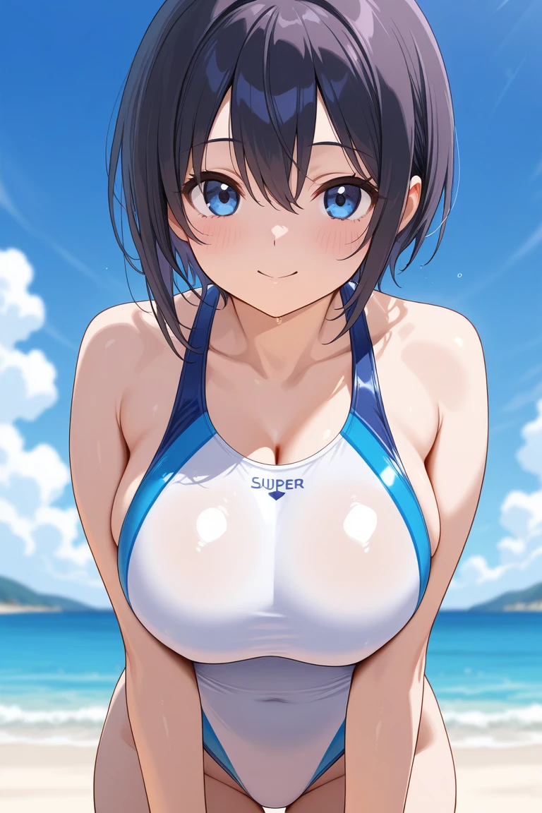 extremely detailed CG, super detailed skin, perfect anatomy, dynamic lighting, beautiful detailed eyes, Top quality、Realistic、woman、milf 、Beautiful Eyes、Symmetrical eyes、A big smile、one eye closed, right eye closed, (Big breasts bigger than face:1.2)、Short Hair、Black Hair、Iris、 (blue one-piece swimsuit:1.6), (gleaming skin:1.4)、Standing with legs apart、beach, crowd,
