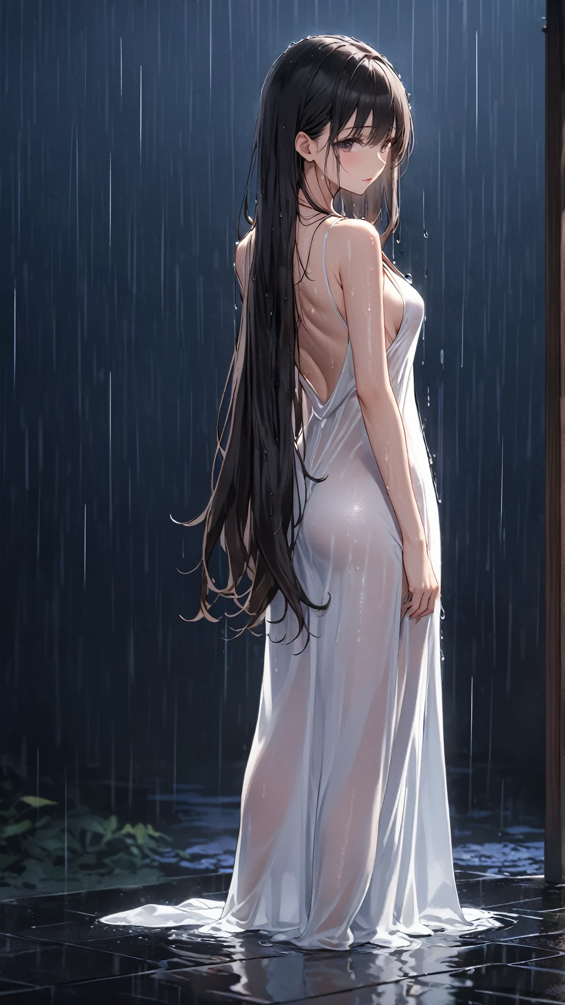 best quality, masterpiece, ultra high resolution, (Fidelity: 1.4), photo, 1 girl, [(sad)], , student, despair, Pitiful, (torn clothes: 1.5), (wet clothes: 1.4), bare shoulders, plump breasts, Real rain, wet hair, stick your ass up, long legs
