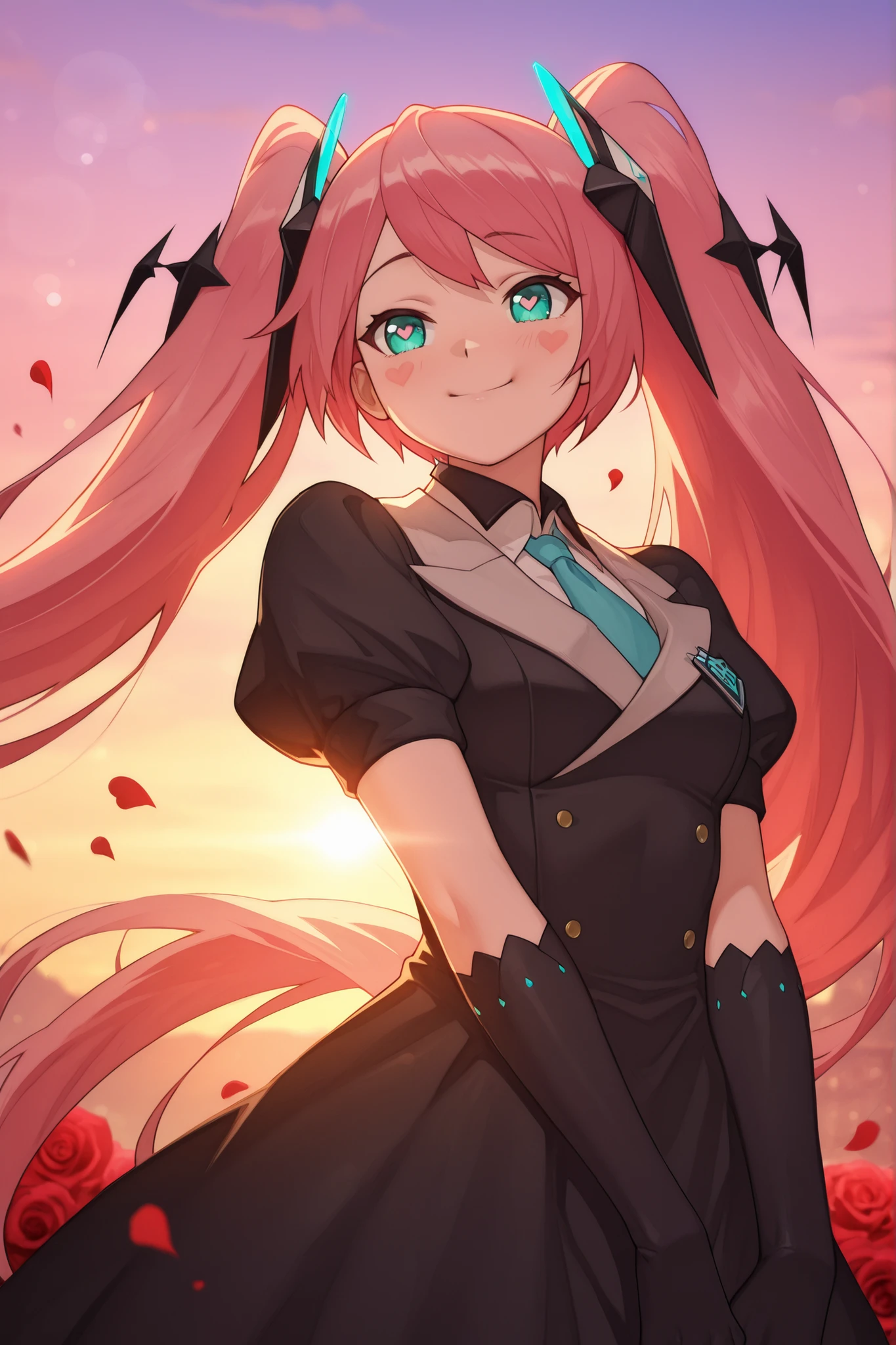 masterpiece, best quality,1girl,solo,laylaaspirant, solo, very long hair, pink hair, twintails, bangs, hair ornament, aqua eyes, blue necktie, white shirt, black dress, puffy short sleeves, elbow gloves, gentle smile, rosy cheeks, hearts shaped pupils, blushes, surrounded by drifting rose petals and heart-shaped bokeh, pastel sunset sky backdrop, warm cinematic rim lighting, soft focus background, dreamy romantic atmosphere, anime style, ultra-detailed, dynamic composition, anime screencap, anime coloring
