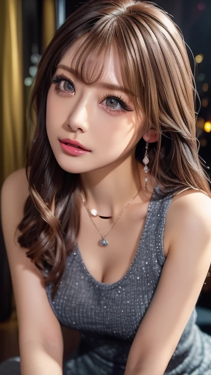 Urban beautiful girl college student, masterpiece, light makeup, Red lips, Silver Hair, Disheveled long hair, Street background, beautiful, elegant. Extremely fine detail, Master Works, Authentic texture, Realism in film lighting, Perfect job, 16K, High resolution, exquisite features,blue eyes、Japanese Idols、beautiful顔、Cute Smile、Brown Hair、beautiful hair、Stylish hairstyle,glamorous、 Big Breasts、Erect nipples、Greasy muscles、Shiny skin、Sunburned skin、Glowing dark skin、Bright big eyes, Smooth Skin, Earrings, necklace, リアルな顔つき、リアリティ