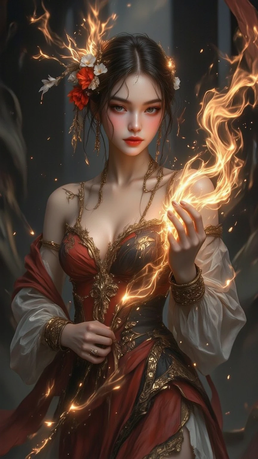 Masterpiece, good picture quality, ultra-high definition, halo effect increased to 1.4. The scene shows a woman with a beautiful face and detailed skin, dressed in a flaming costume, accessories and jewelry, playing solo. With special attention to the earrings, the flame effect has been increased to 1.3, and the effect of transparency is accentuated by a slight blur. Lipstick is more detail-oriented. --auto --s2