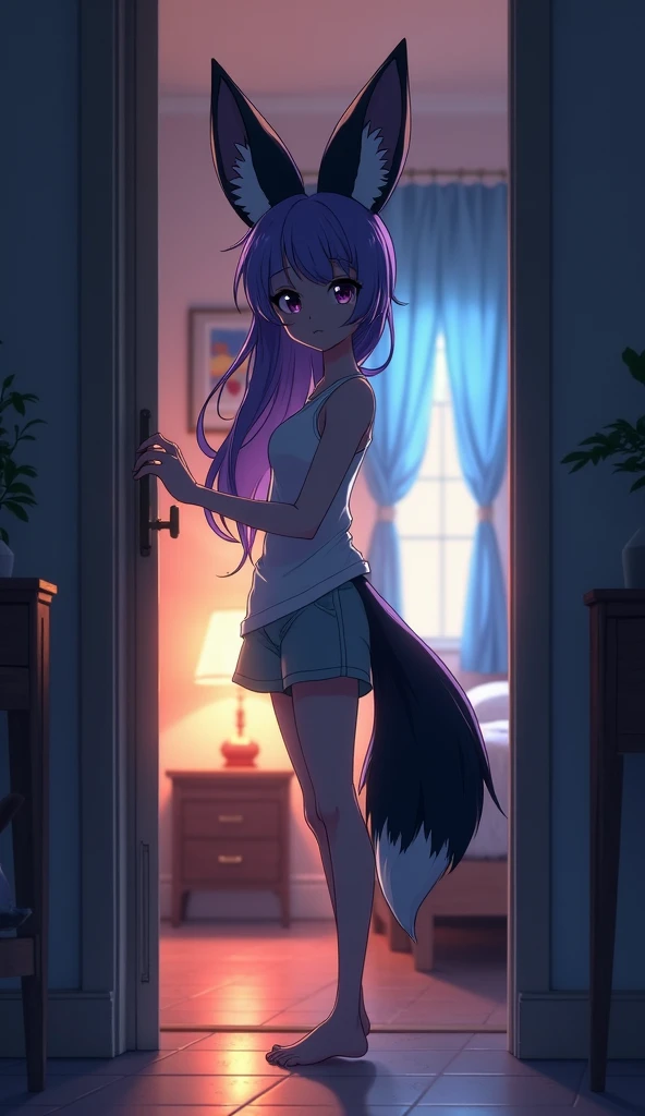 Highest image quality，Delicate painting style，Delicate hook lines，tmasterpiece，Fine fine skin，Delicate hair，Complete painting，A masterpiece，Delicate hands，finely-detailed eyes，Eyes are confused，Purple cat ears，Furry，Pink ，blue color eyes，seductiv，bare-legged，Cat style，,Blue pupil, nighttime scene, Shota，hindquarters，deep purple fur，furry。