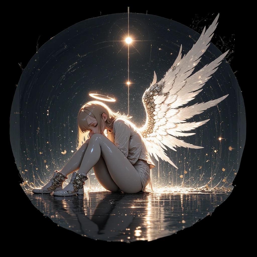 A breathtaking ethereal angel depicted in a dramatic chiaroscuro style. The angel is sitting curled up in a sorrowful, introspective pose, with their knees drawn to their chest and their head bowed. Their glowing wings are made of radiant, crystalline light that explodes outward in shimmering fragments, illuminating the surrounding darkness. A delicate halo hovers above their head, also constructed of luminous, fragmented light. The figure wears a flowing, semi-transparent robe that catches the light beautifully, adding to the divine aesthetic. The background is entirely dark, emphasizing the angel's inner light and creating a powerful visual contrast. The overall atmosphere is emotional and divine, blending beauty and melancholy with heavenly energy.
