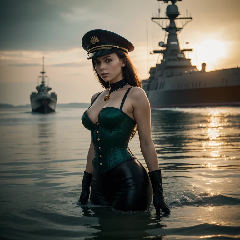 female soldier, sexy uniform, korean, Navy, Battleship on the sea