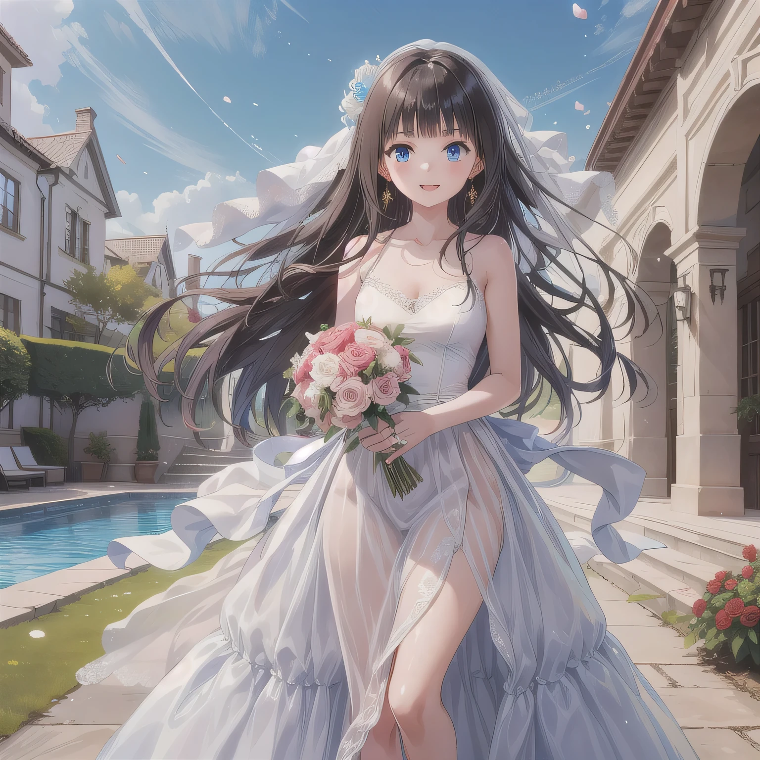 A breathtakingly beautiful 20-year-old woman stands in the courtyard of a luxurious mansion beneath a clear blue sky. She wears a white and blue wedding dress, holding a red bouquet gracefully in front of her chest. Her radiant smile and joyful expression exude pure happiness. Blue eyes, dark hair, long hair.