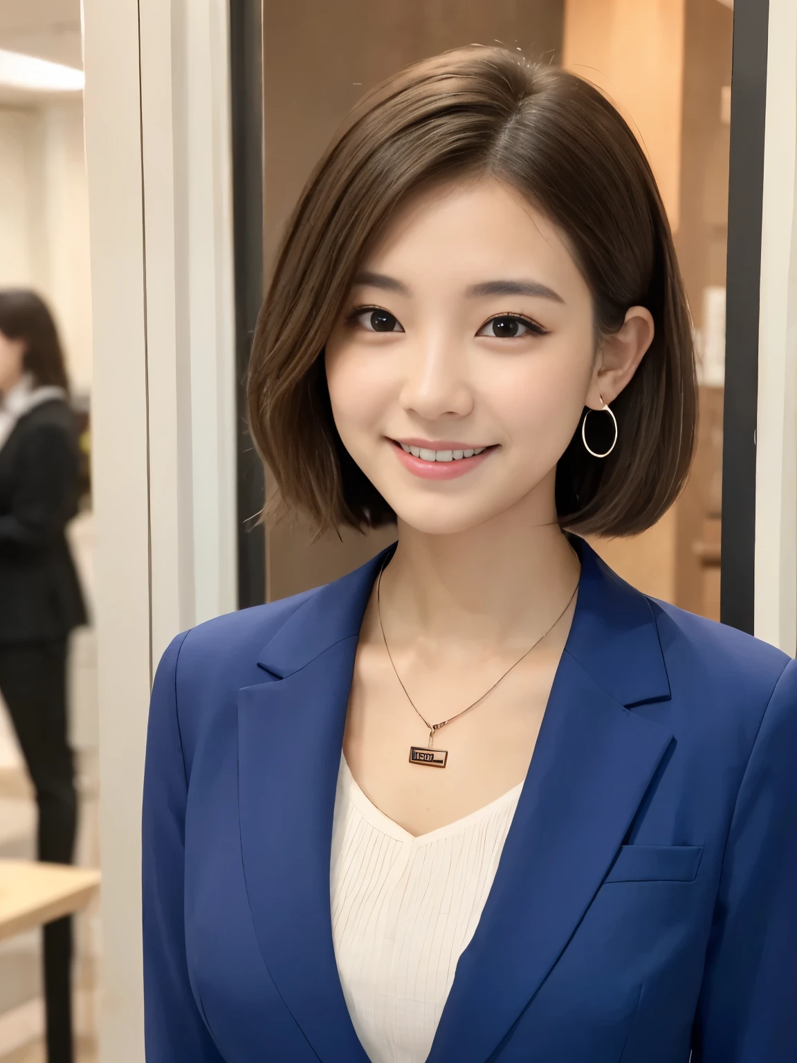 Beautiful young woman、 、Work in front of the computer、Necklace around the neck、Office Lady Suits、Jacket、Unbuttoned shirt、Flashy makeup、smile、Beautiful teeth alignment、short hair、Intricate details, Very detailed:1.2), 、 Looking into the camera,The background is the office、Necklace around the neck、Dark eyeliner、ear piercing