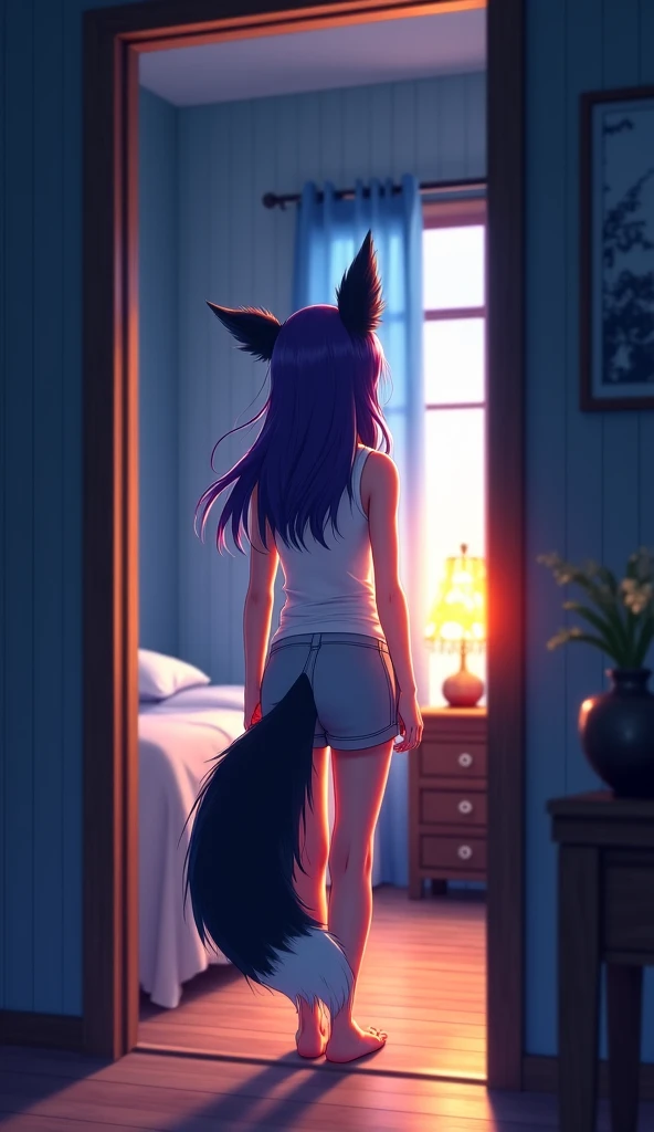 ((best quality)), ((masterpiece)), (detailed),
Female Anubis, long hair ,sexy body, flat chest, happy, sunset, butt, She looks back, in bedroom look at viewer