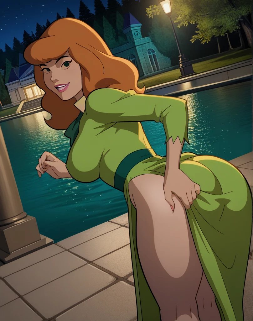 Masterpiece, best quality, Masterpiece, best quality, 1 woman, Daphne ( scooby doo ) , long orange hair , sly face , brown bikini , big breasts , abdomen , Put your hands on your hips , long legs , barefoots , abandoned factory 