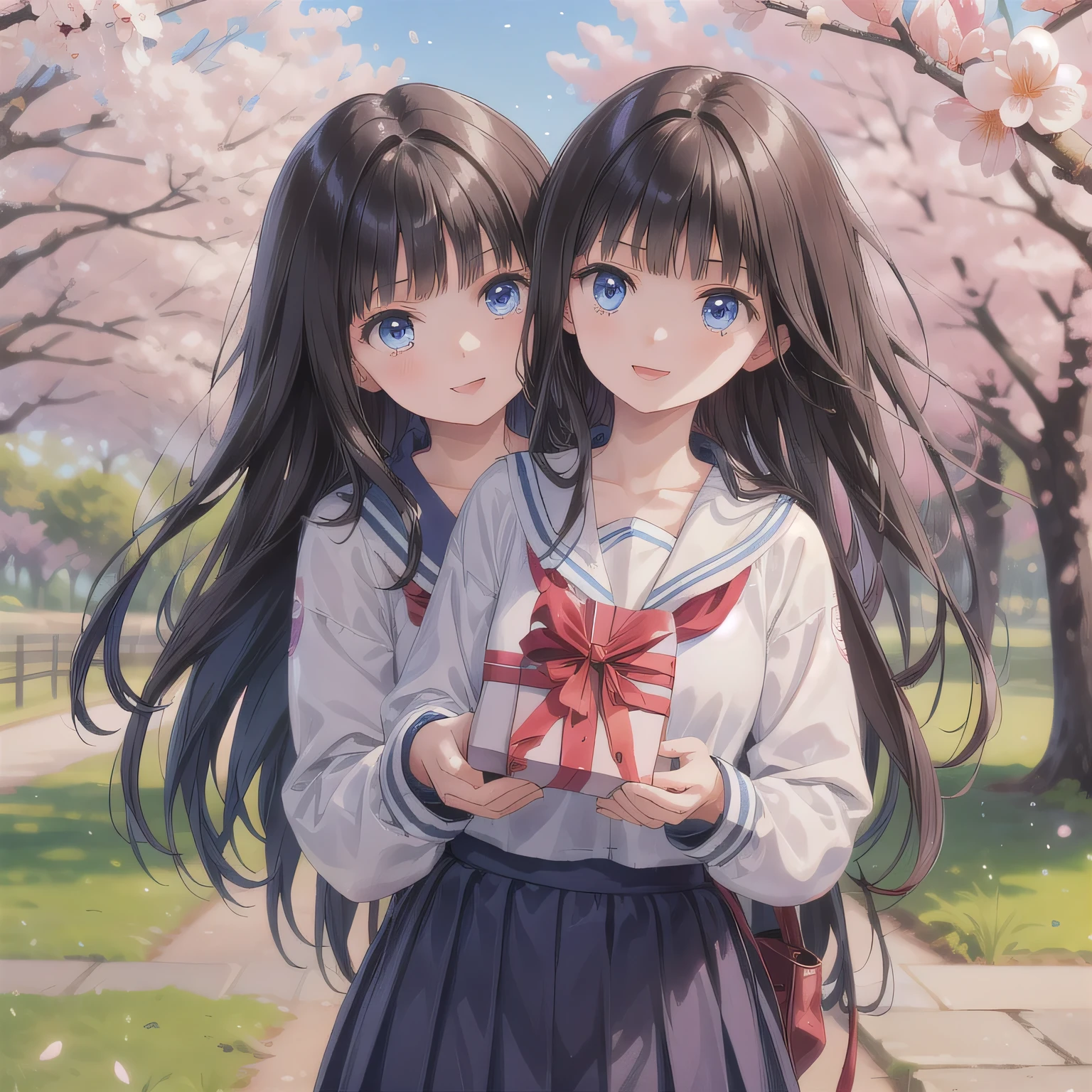 A breathtakingly beautiful 20-year-old woman stands in a lush park filled with cherry blossoms in full bloom beneath a clear blue sky. She wears a classic sailor uniform and gently holds a small, neatly wrapped gift box adorned with a red ribbon. Her radiant smile and joyful expression convey heartfelt happiness. Blue eyes, dark hair, long hair.