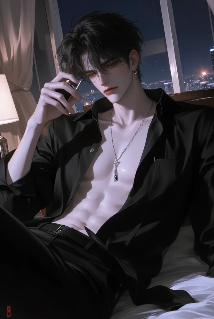 Handsome guy with cat ears, abs, shirtless, lying on a chair with a mobile phone in his hand, a bell around his neck, large bulge
