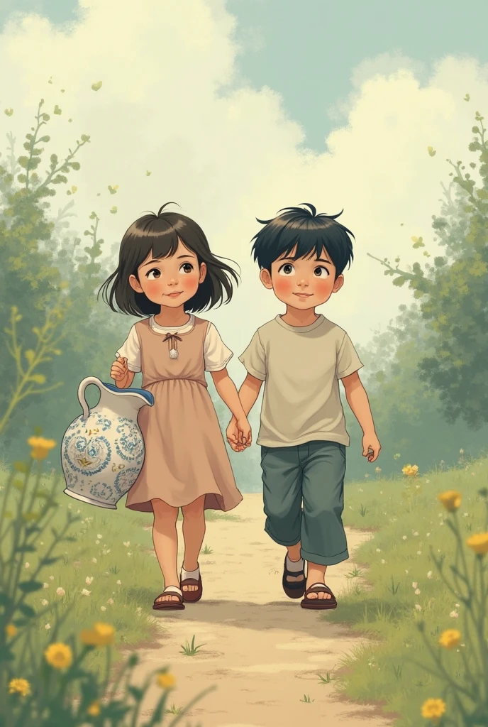 The village pathway where a girl accidentally bumps into a boy, dropping her basket of flowers while he extends a hand to help her, their eyes meeting for the first time.