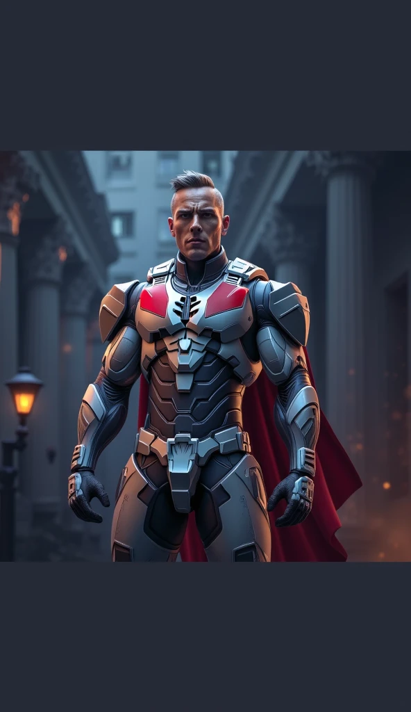 Generates the image of an athletic super villain with a short beard wearing a dark red and silver suit.. The super villain suit is tight-fitting and has protectors., Use tactical gloves and weapons