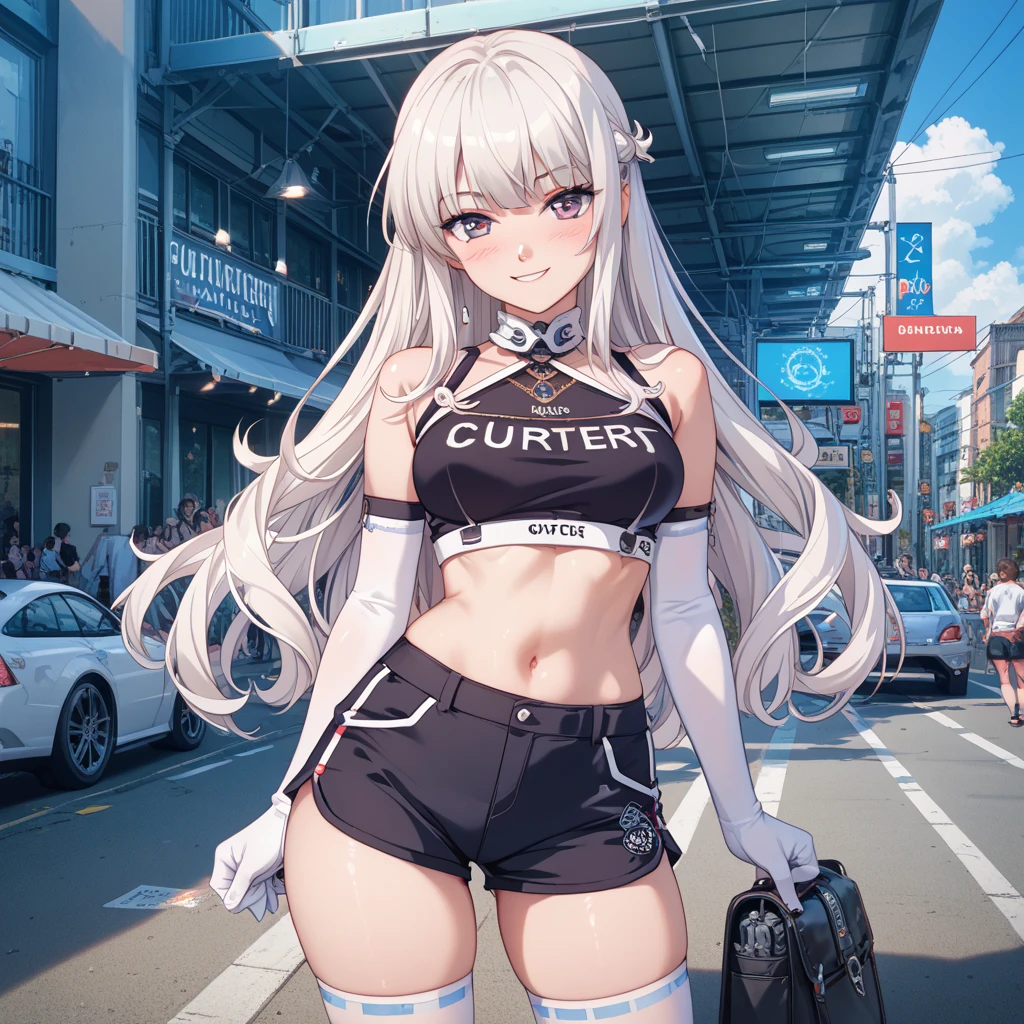 ((high detail)), (Masterpiece: 1.6, Best Quality), (Fine and Beautiful Eyes: 1.2), (Overhead), ((Super High Quality)), Beautiful Face, 1girl, Big Tits, white Long Hair, Wide Hips, (Landscaped), Street, Background, Detail Background, Spooky Grin, Angled Laughter at the Corners of Mouth, see-through shirt, bikini, narrow Shirt, Tie, Office Lady, Mature
