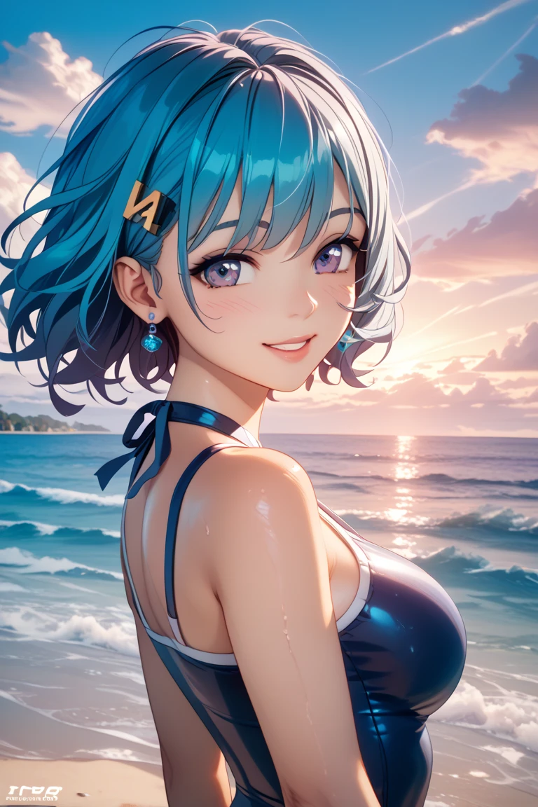 1girl,solo,cute,blush,bigbreast,cleavage,beautiful sky,bath,open-air bath,wearing a towel