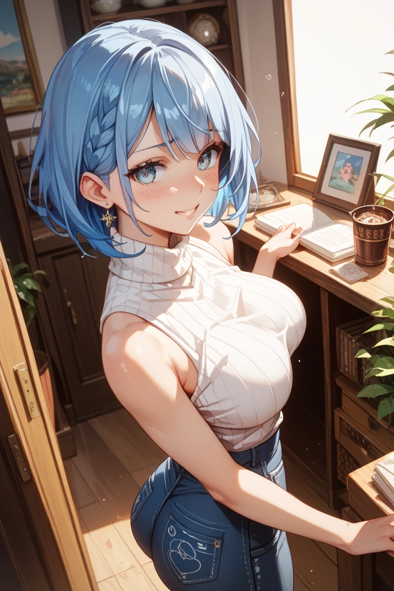 mastute piece,Best Quality,insanely detailed,8k cg,nsfw,
(shoot upper body:1.3),
(1girls:1.3),standing,looking at viewr,body in front,both arms behind back,(bookstoreの店員:1.3,light green apron),(bare breasts:1.1),(bare nipples:1.1),
BREAK,
blush,shy,(ecstasy face),(trembling:1.2),BREAK,(light blue hair:1.2),
BREAK,
perfect breasts,perfect teats,(open mouth:0.9),(large breasts:1.2),
(bookstore)、