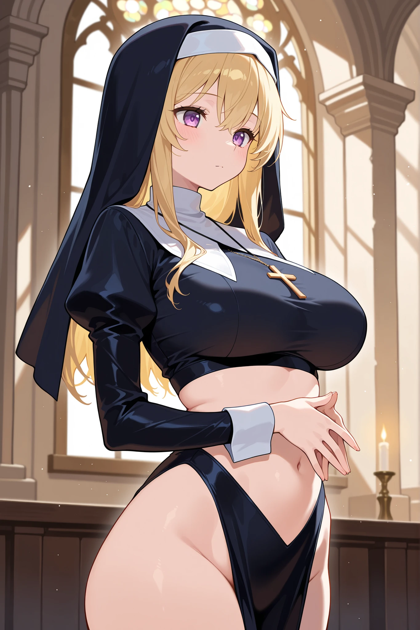 1 tall lovestruck nun. long Blonde hair. busty. praying. hearts. heart eyes.