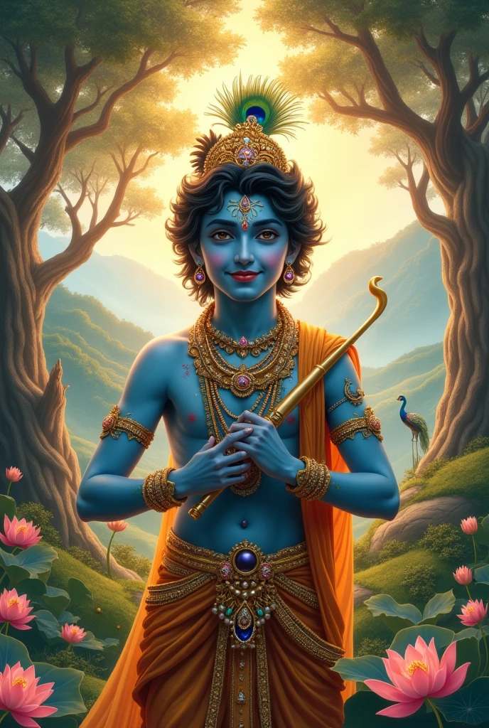 (best quality) (masterpiece) (ultra-detailed CG artwork) (Krishna) (handsome) (charming smile) (dark/bluish skin) (peacock feather in hair) (holding flute) (yellow dhoti) (divine beauty) (mystical) (aura of divinity) --auto --s2