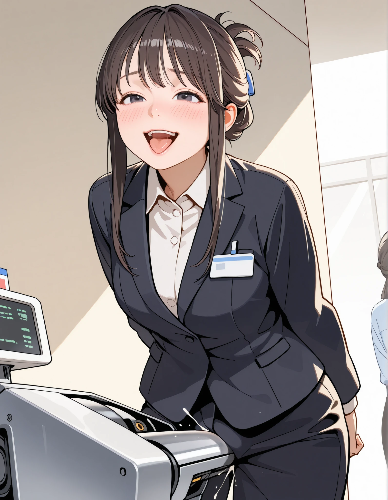 (realistic skin), receptionist, shame smile, open mouth, tongue, ((orgasm face)), updo long hair, (((standing, grinding her crotch against a corner of a machine))), deep-blush, leaning forward, drooping eyes, in the factory, machine shop, raise leg, realistic skin,