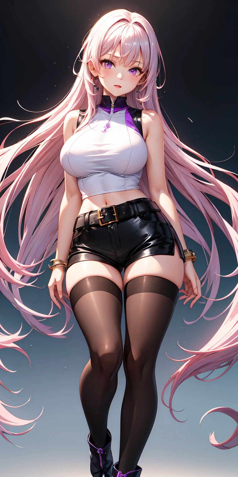 Beautiful 20 year old woman standing on one leg, lifting her other leg up, kicking position, crotch visible, big breasts, slim waist, thick thighs, long pink hair, wearing headset, tight white crop top, jeans shorts, black see through stockings, nylon stockings, military boots