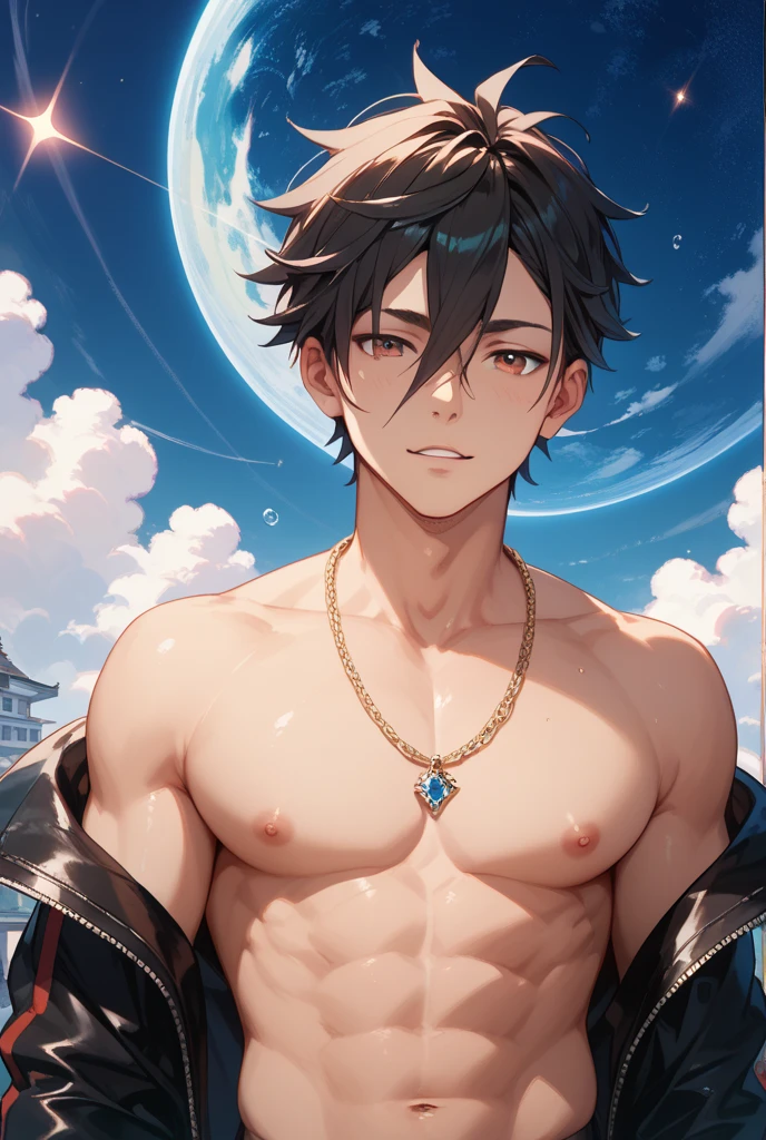 anime, handsome guy, black hair, short hair, blue eyes, Indra, king of the devas (god-like deities) and Svarga (heaven) in Hinduism. He is associated with the sky, lightning, weather, thunder, storms, rains, river flows, and war. (masterpiece, top quality, best quality),extreme detailed,colorful,highest detailed ((ultra-detailed)), (highly detailed CG illustration),(from front),cinematic light, looks like enel from one piece