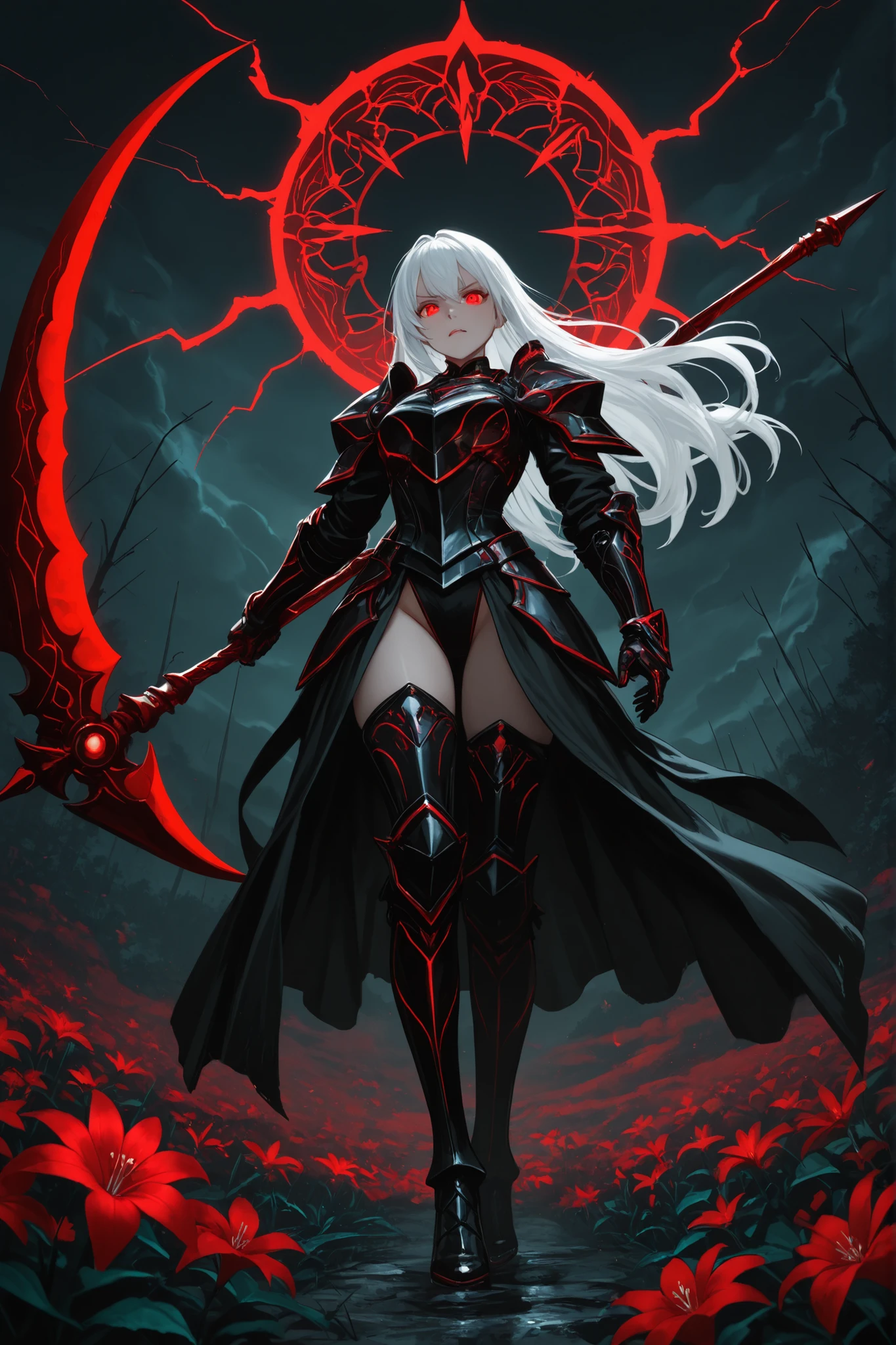 Beautiful anime style warrior woman, long flowing white hair, glowing red eyes, striking expression, dressed in sleek dark red and black armor with open bottom and black thigh-length boots. In her hands she holds a large mystical scythe, an ornate scarlet red scythe with glowing accents. In the background is a dark stormy sky with lightning and the thin, menacing silhouette of a red dragon. The foreground is bright red flowers (like lilies or something similar) with green foliage. Dynamic lighting, high contrast, ultra detailed, intricate patterns, dark fantasy atmosphere, dramatic, 8k, digital painting