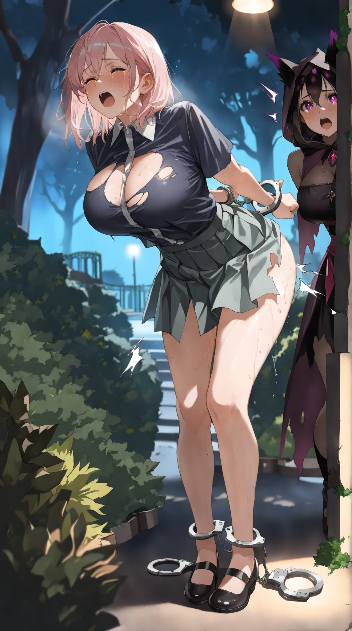 (((solo woman, 1woman, full body shot))) Photo of a mature malay female with saggy breasts (((((spreading legs))))) inside ((((public park)))), 40yo, busty body, tall body, (tanned skin), dimples, light, detailed face,((panic face, panic eyes)), ((((open mouth & scream)))), big breast, perfect breast, natural breast, G Cup,(((arms behind head, bound wrist, split))), (((short brown hijab, blindfold, sneakers))), ((((floral cotton bra)))), (((dildo on vagina))),(((((breast out))))), ((((no panties, no underwear)))),(mega dildo, vaginal, deep penetration, large object insertion)