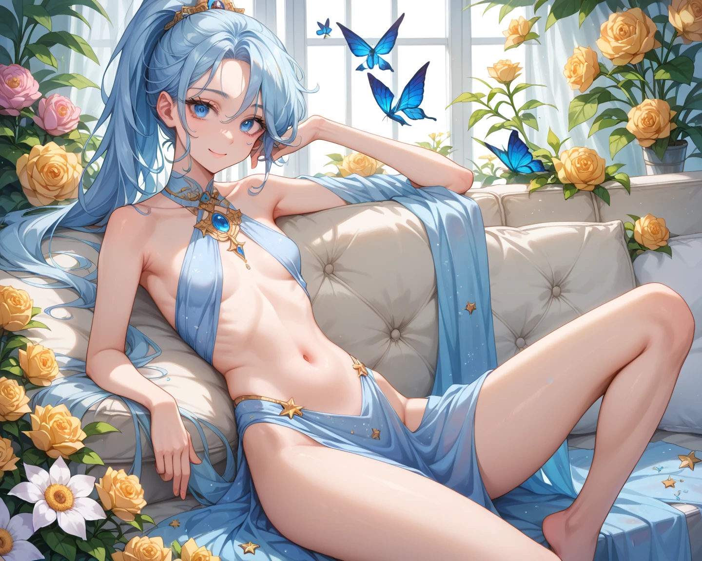 One girl, Very detailed , elegant , Vibrant colors , Lots of flowers , peacock feathers , Resting one's chin on one's hand , Upper Body , goddess , Beauty , Purple Eyes