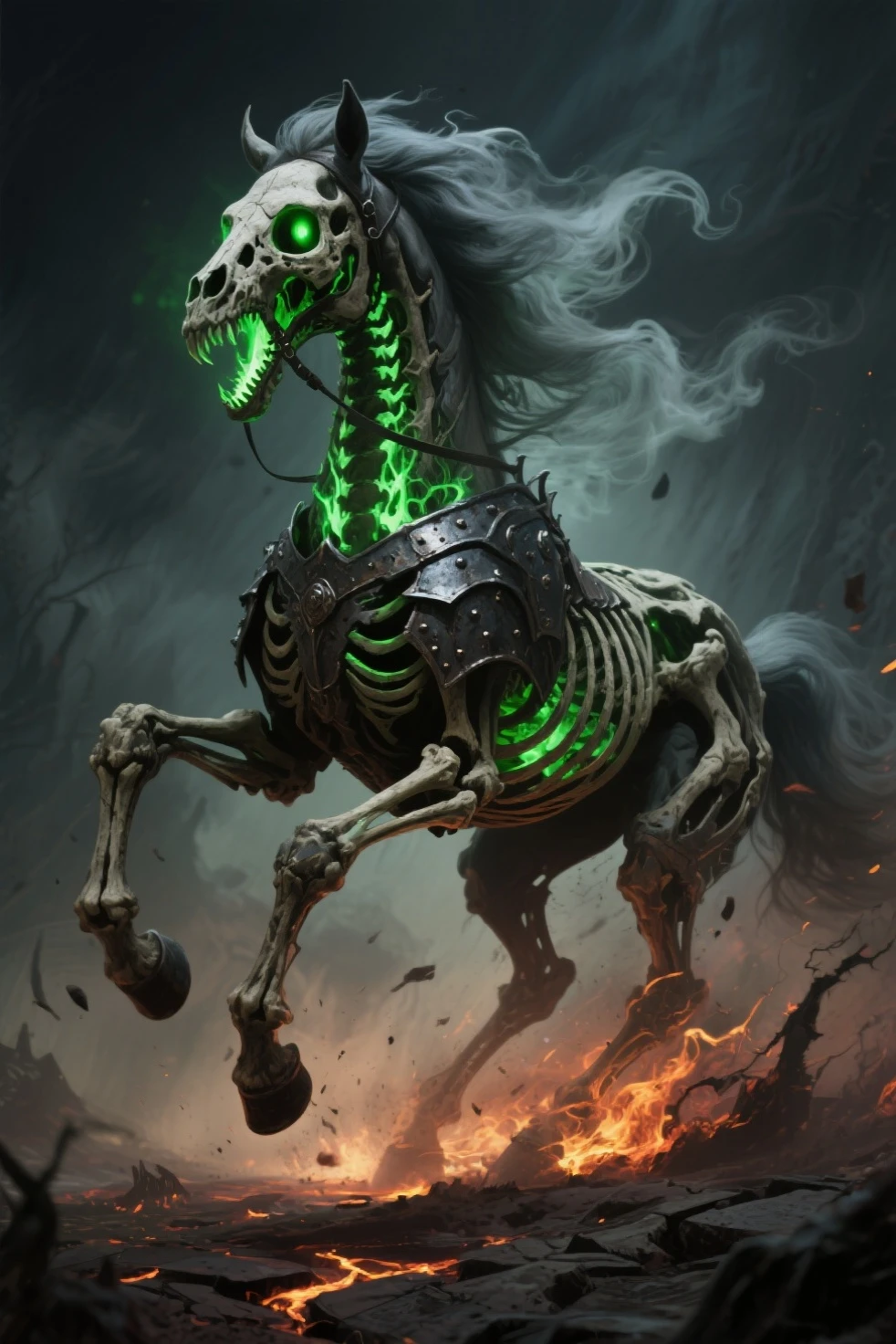 8K, Masterpiece, UHQ, Extreme Details, (A skeleton warrior，Wearing tattered armor，green soul fire in his eyes)，Riding a  horse pieced together from bones, Patrol the cemetery at midnight --auto